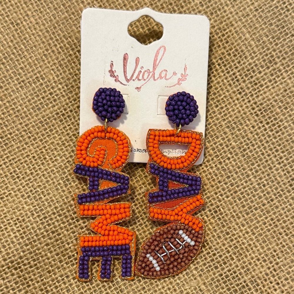 🌻 Viola “Game Day” Beaded Purple and Orange Football Dangle Earrings